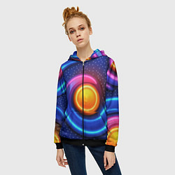 Толстовка на молнии женская Оранжевый круг и голубые линии текстура, цвет: 3D-черный — фото 2