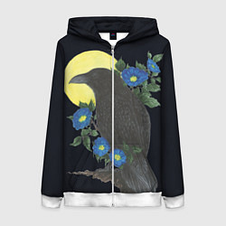 Женская толстовка на молнии Чёрный ворон на ветке среди синих цветов под луной