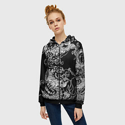Толстовка на молнии женская Белый дракон на черном, цвет: 3D-черный — фото 2
