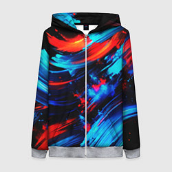 Толстовка на молнии женская Синие и красные мазки краски на черном, цвет: 3D-меланж
