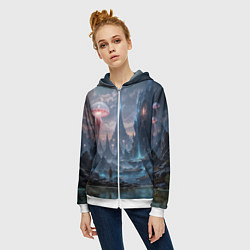 Толстовка на молнии женская Фантастический мир с медузами и озеро у гор, цвет: 3D-белый — фото 2