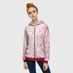 Толстовка на молнии женская Белый в розовый цветочный паттерн, цвет: 3D-красный — фото 2