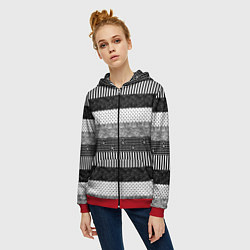 Толстовка на молнии женская Черно белый полосатый узор из лоскутов, цвет: 3D-красный — фото 2