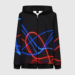 Женская толстовка на молнии Красно синие неоновые линии на черном фоне