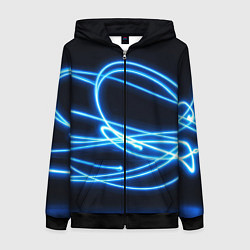 Женская толстовка на молнии Неоновые голубые волны на черном фоне