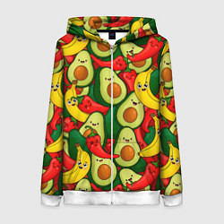 Женская толстовка на молнии Авокадо, бананы, перцы чили улыбаются - паттерн фр