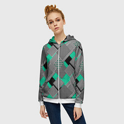 Толстовка на молнии женская Черно бирюзовая абстрактная геометрия пэчворк, цвет: 3D-белый — фото 2