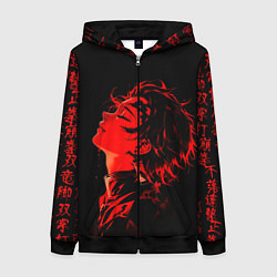 Толстовка на молнии женская Клинок, рассекающий демонов Танджиро и иероглифы, цвет: 3D-черный