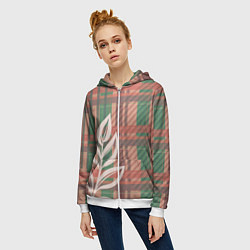 Толстовка на молнии женская Бледная красно-зелёная клетка и ветка, цвет: 3D-белый — фото 2