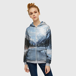 Толстовка на молнии женская Снежный горный пейзаж с елями и рекой, цвет: 3D-меланж — фото 2