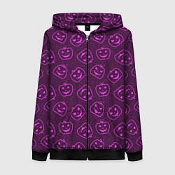 Толстовка на молнии женская Halloween - паттерн с тыквами, цвет: 3D-черный
