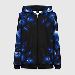 Толстовка на молнии женская Чёрный ночной с синими цветами, цвет: 3D-черный