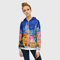 Толстовка на молнии женская Разноцветные новогодние домики, цвет: 3D-белый — фото 2
