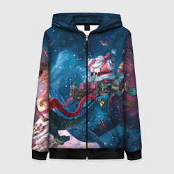 Толстовка на молнии женская Санта с динозавром, цвет: 3D-черный