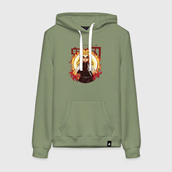 Толстовка-худи хлопковая женская Огненный Столп Kimetsu no Yaiba, цвет: авокадо