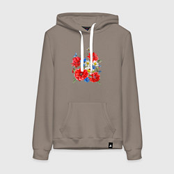 Толстовка-худи хлопковая женская Летний букет мак василек ромашка цветы лето, цвет: утренний латте