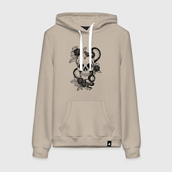 Женская толстовка-худи Чёрная мамба обвивает череп и розы