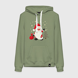 Толстовка-худи хлопковая женская Дед Мороз с подарками Новый год, цвет: авокадо