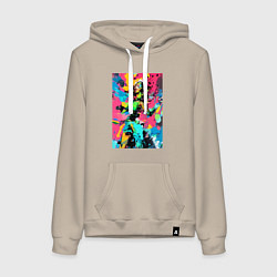 Толстовка-худи хлопковая женская Девушка в наушниках кайфует от музыки - импрессион, цвет: миндальный