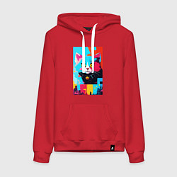 Толстовка-худи хлопковая женская Изумлённый котёнок - поп-арт - нейросеть, цвет: красный