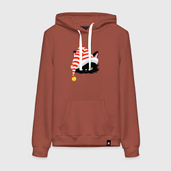 Женская толстовка-худи Новогодний черный кот в новогоднем колпаке