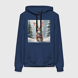 Женская толстовка-худи Новогодний зайчик с подарком в зимнем лесу