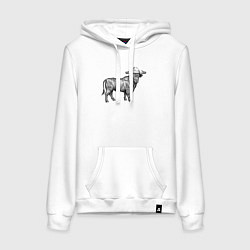 Толстовка-худи хлопковая женская Бык в новогодней шапке, цвет: белый