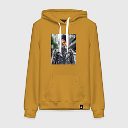 Толстовка-худи хлопковая женская Леопард панк музыкант - нейросеть, цвет: горчичный