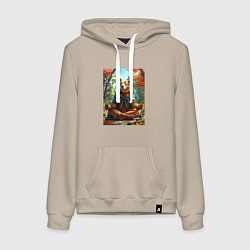 Толстовка-худи хлопковая женская Медведь на медитации, цвет: миндальный