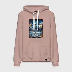 Женская толстовка-худи Психоделический пейзаж с часами и рыбой