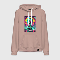 Толстовка-худи хлопковая женская Кибер Рик и Морти на мотоцикле, цвет: пыльно-розовый