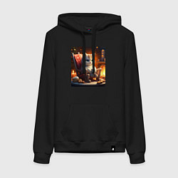 Женская толстовка-худи Уютный кот у камина с чашкой какао