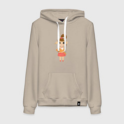 Толстовка-худи хлопковая женская Девочка с котиком, цвет: миндальный