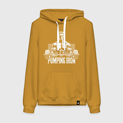 Толстовка-худи хлопковая женская Арнольд - качай железо, цвет: горчичный