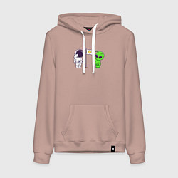 Толстовка-худи хлопковая женская Космонавт и пришелец на луне, цвет: пыльно-розовый
