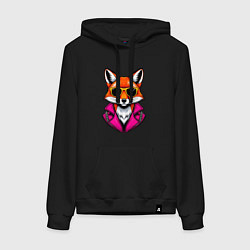 Толстовка-худи хлопковая женская Лиса в очках и розовой куртке, цвет: черный