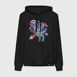 Толстовка-худи хлопковая женская Космонавт на динозавре делает Dab и планеты, цвет: черный