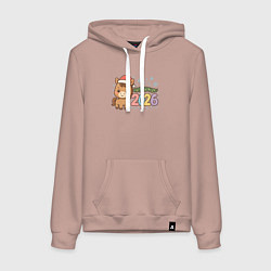Толстовка-худи хлопковая женская Новогодняя лошадка 2026, цвет: пыльно-розовый