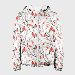 Куртка с капюшоном женская Снегири в зимнем лесу, цвет: 3D-белый