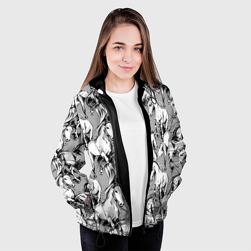 Женская куртка Белые лошади - паттерн / 3D-Черный – фото 3
