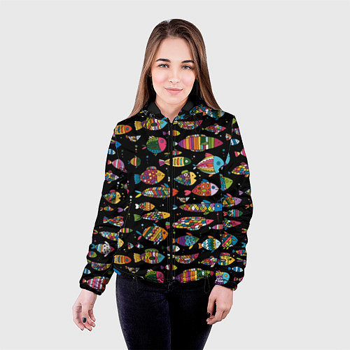 Женская куртка Разноцветные рыбы - черный фон / 3D-Черный – фото 4
