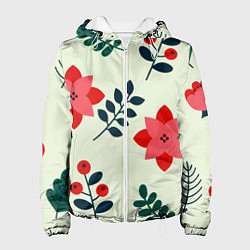 Куртка с капюшоном женская Цветы, ягоды, листья, цвет: 3D-белый