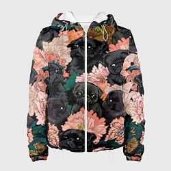 Куртка с капюшоном женская Мопсы и Цветы, цвет: 3D-белый