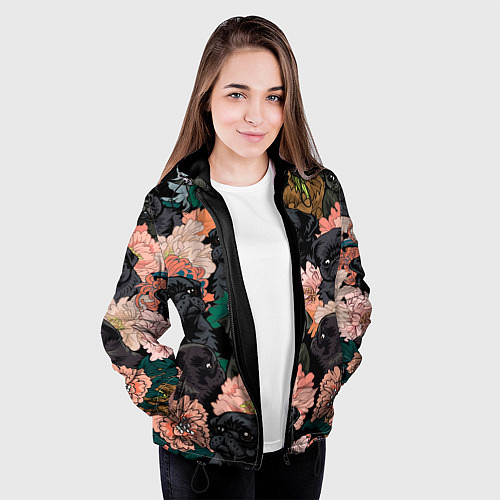 Женская куртка Мопсы и Цветы / 3D-Черный – фото 3
