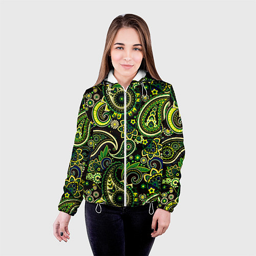 Женская куртка Ярко зеленые славянские узоры / 3D-Белый – фото 4
