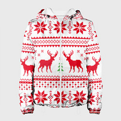 Куртка с капюшоном женская Новогодний узор с оленями, цвет: 3D-белый