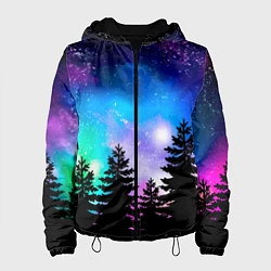 Куртка с капюшоном женская Космический лес, елки и звезды, цвет: 3D-черный