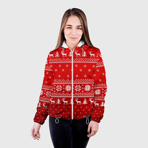 Женская куртка Красный узор с оленями / 3D-Белый – фото 4