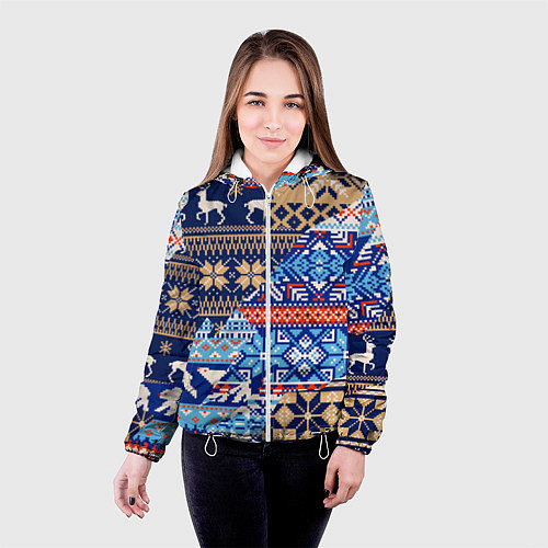 Женская куртка НОВОГОДНИЙ УЗОР ОЛЕНИ И МЕДВЕДИ НОВЫЙ ГОД 2022 / 3D-Белый – фото 4