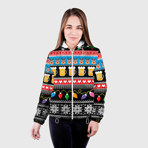 Женская куртка Новогодний пивной узор / 3D-Белый – фото 4
